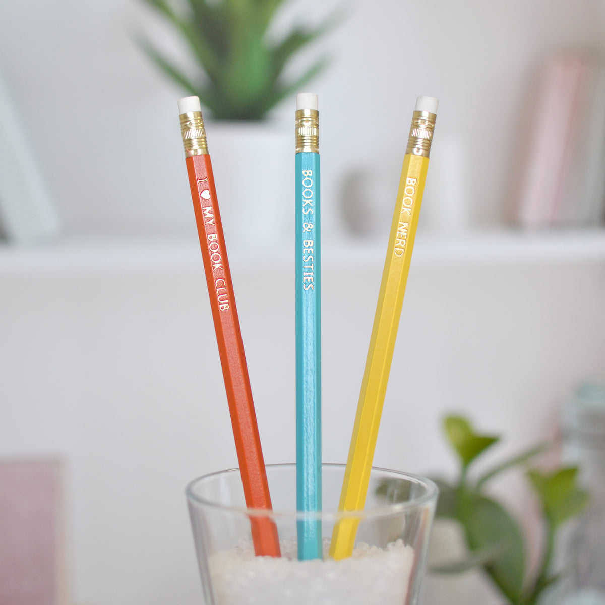 Three Pencils and Bookmark Set for Book Club Besties - I Love My Book Club, Book Nerd, and Books &amp; Besties foil stamped pencils