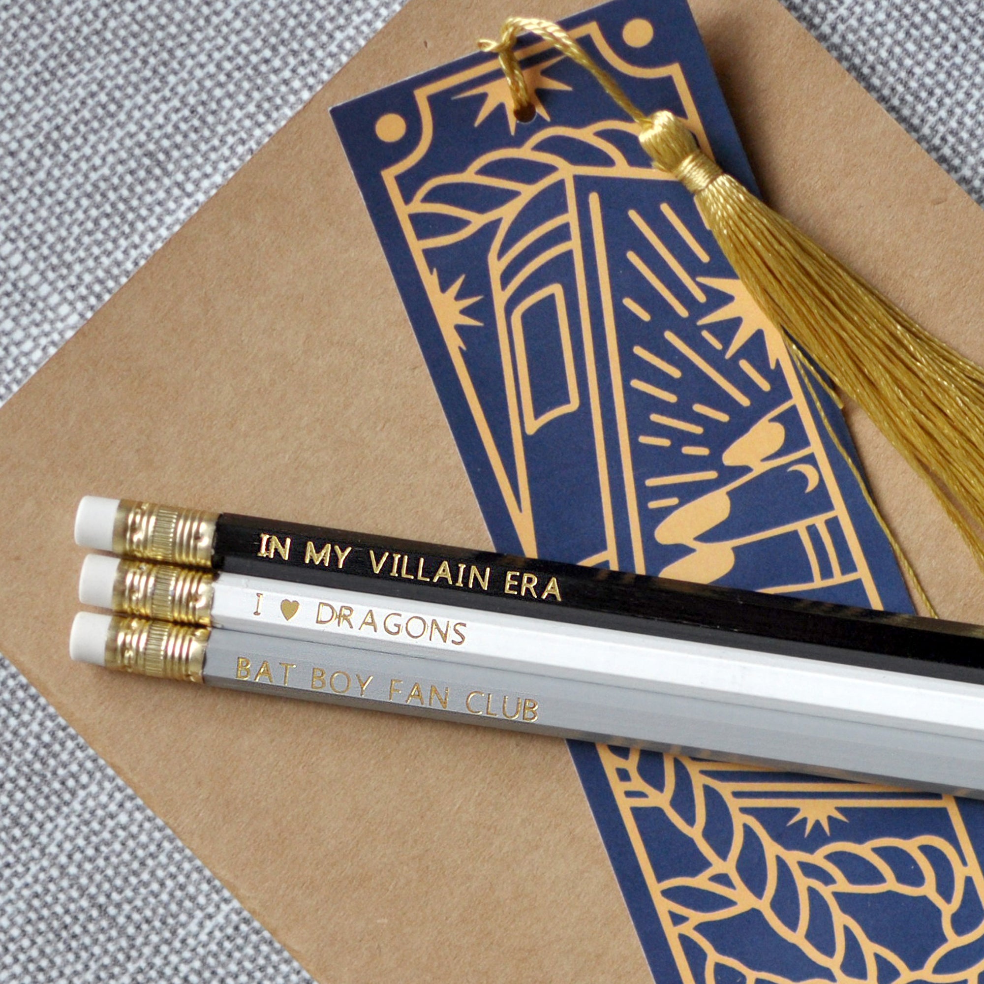 Three Pencils and Bookmark Set for Fantasy Book Readers - In My Villain Era, I Love Dragons, and Bat Boy Fan Club foil stamped pencils