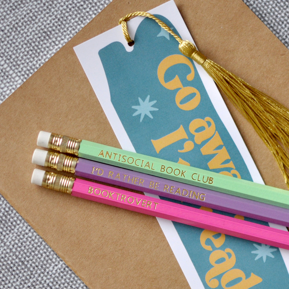 Three Pencils and Bookmark Set for Introvert Book Lovers - Antisocial Book Club, Booktrovert, and I’d Rather Be Reading foil stamped pencils