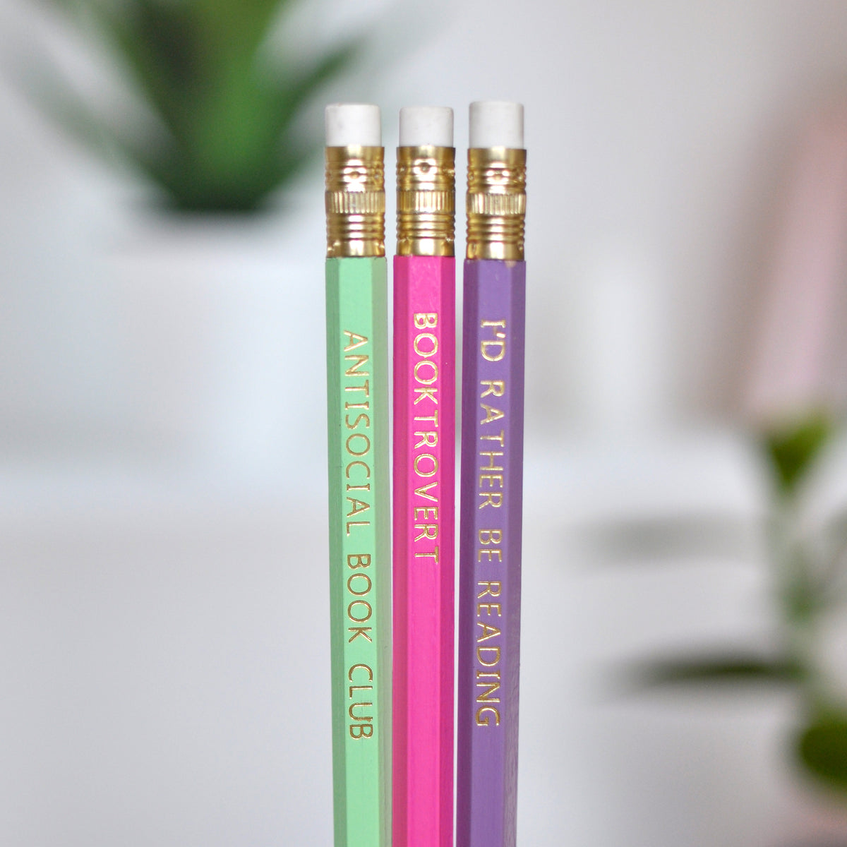 Three Pencils and Bookmark Set for Introvert Book Lovers - Antisocial Book Club, Booktrovert, and I’d Rather Be Reading foil stamped pencils