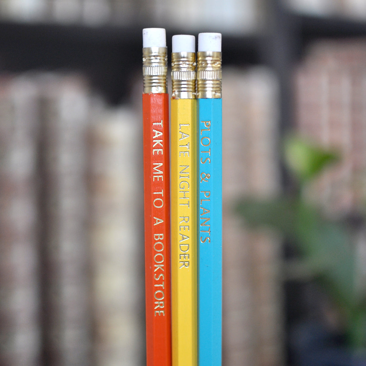 Three Pencils and Bookmark Set for Readers - Late Night Reader, Take Me To A Bookstore, Plots &amp; Plants foil stamped pencils