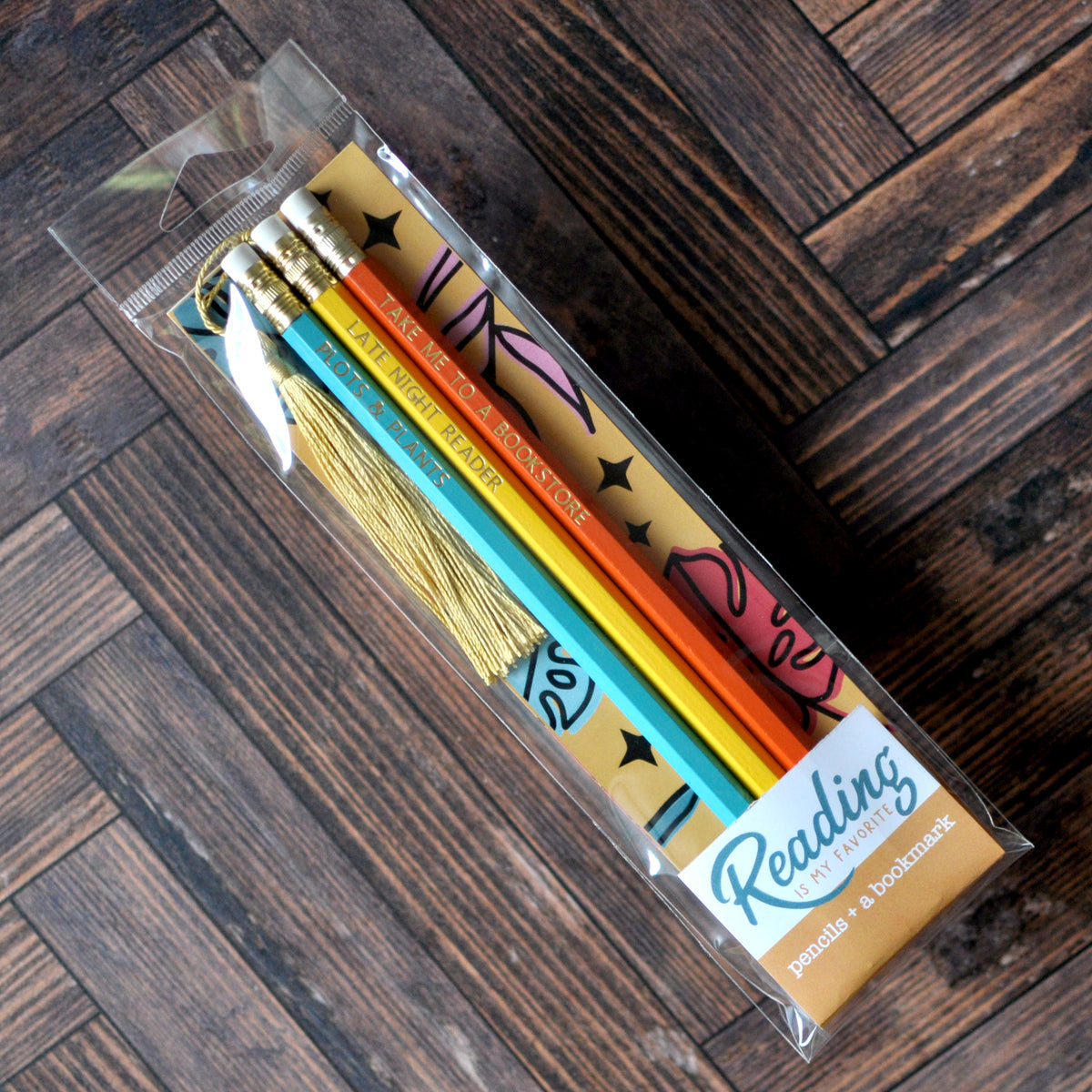 Three Pencils and Bookmark Set for Readers - Late Night Reader, Take Me To A Bookstore, Plots &amp; Plants foil stamped pencils