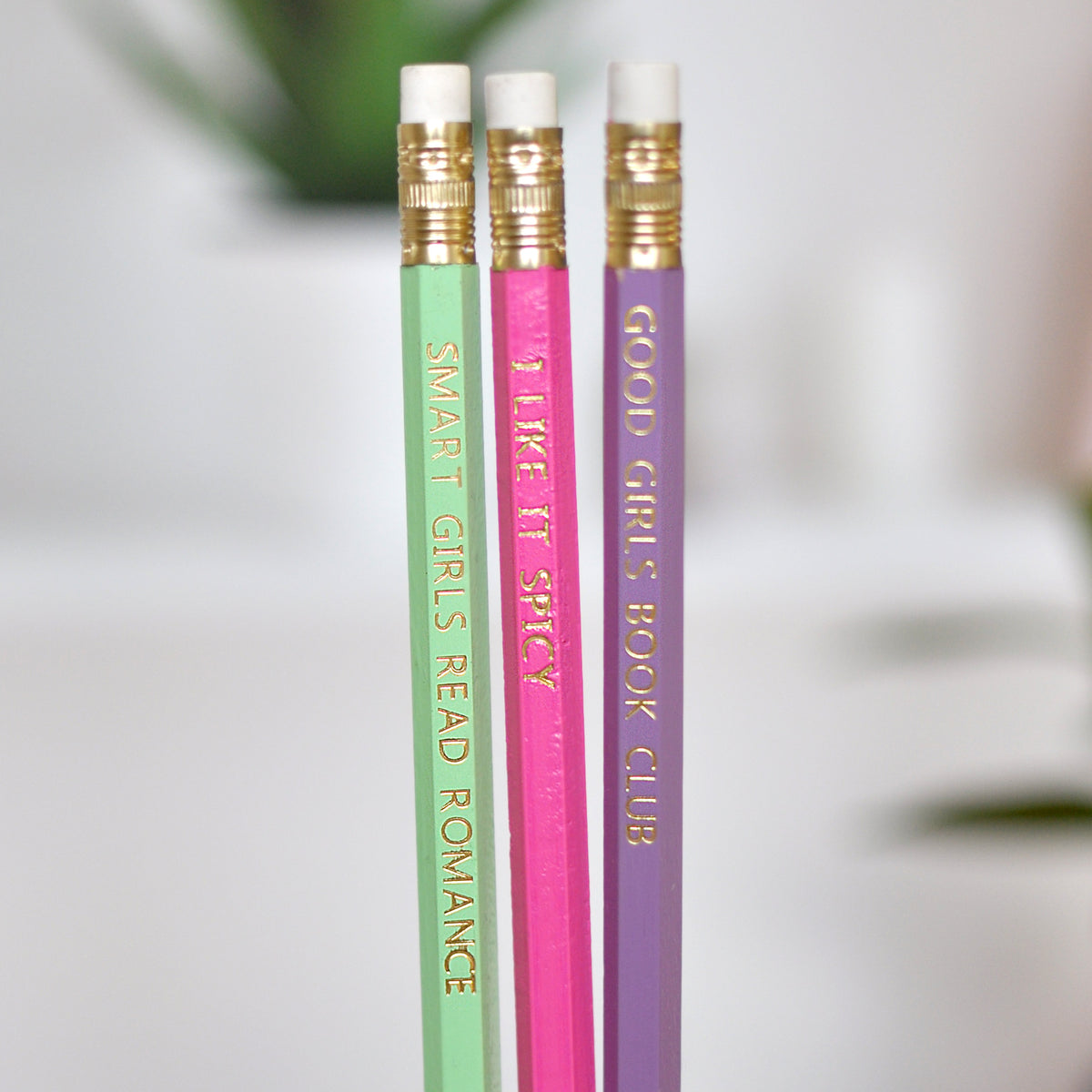 Three Pencils and Bookmark Set for Romance Readers - Smart Girls Read Romance, I Like It Spicy, Good Girls Book Club foil stamped pencils