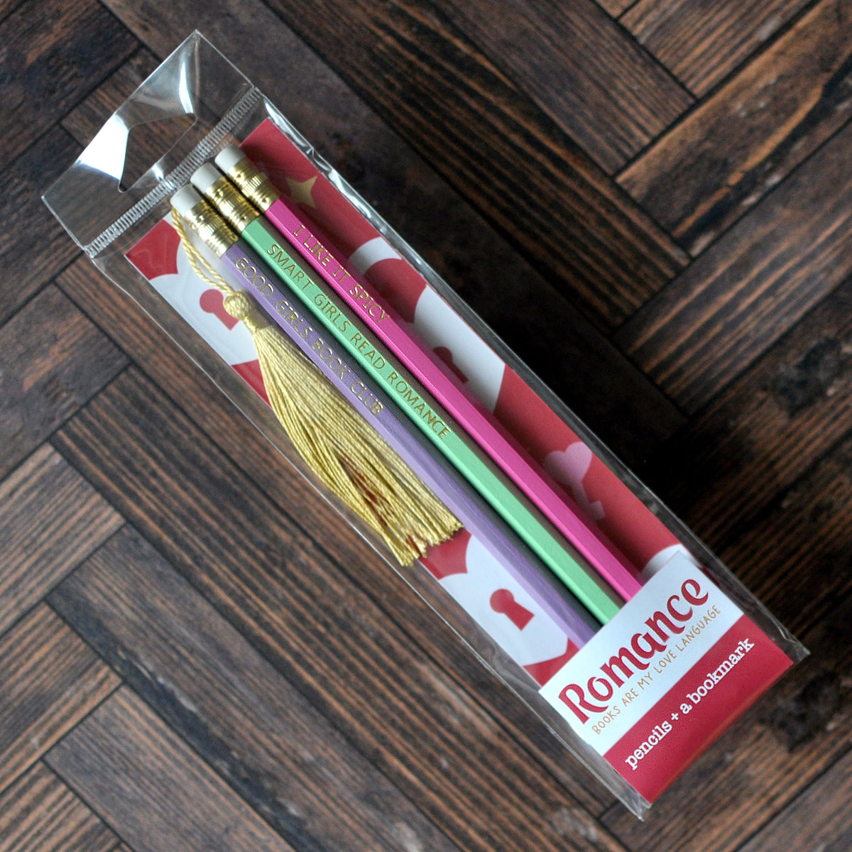 Three Pencils and Bookmark Set for Romance Readers - Smart Girls Read Romance, I Like It Spicy, Good Girls Book Club foil stamped pencils