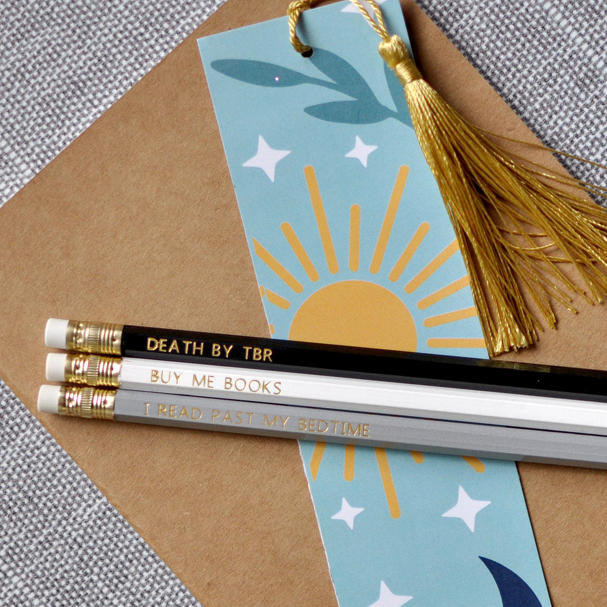 Three Pencils and Bookmark Set for Book Lovers - D**th By TBR, Buy Me Books, I Read Past My Bedtime foil stamped pencils