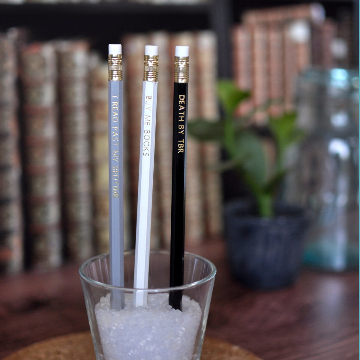 Three Pencils and Bookmark Set for Book Lovers - D**th By TBR, Buy Me Books, I Read Past My Bedtime foil stamped pencils